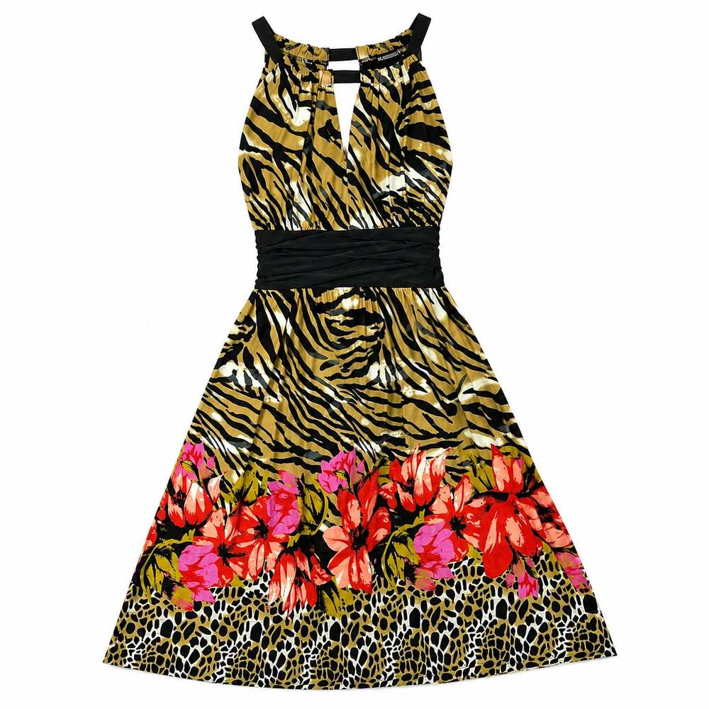 Blooming Rose Sleeveless Mixed Animal and Floral Print Midi Dress